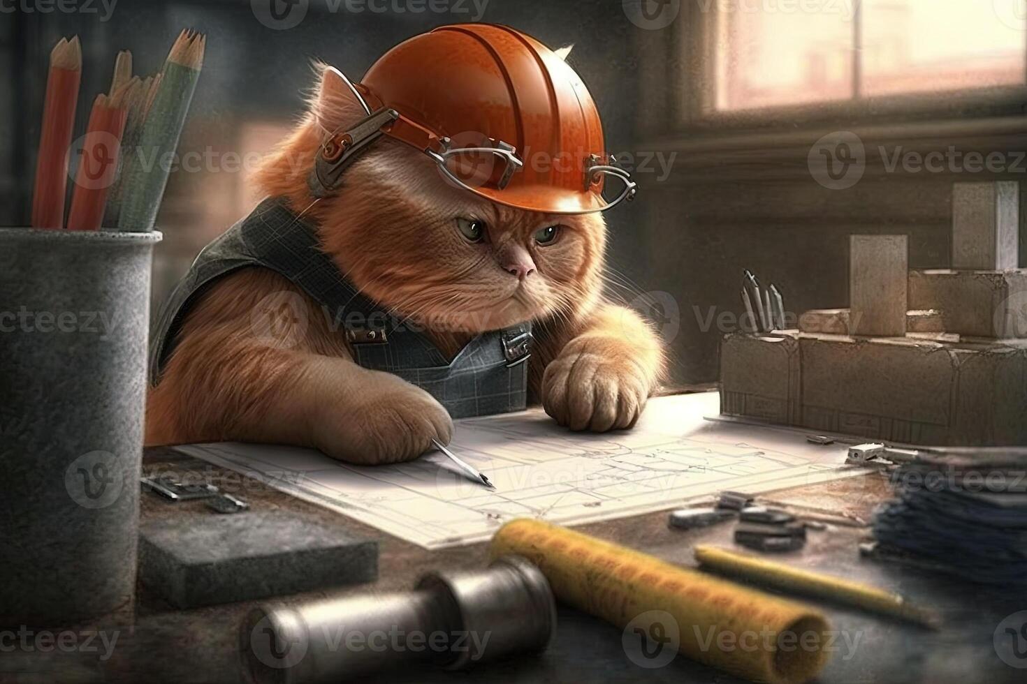 Architect cat working job profession illustration photo