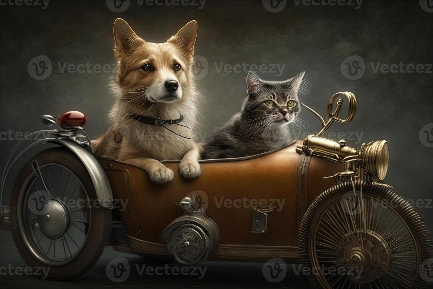 dog and cat on old car sidecar illustration photo