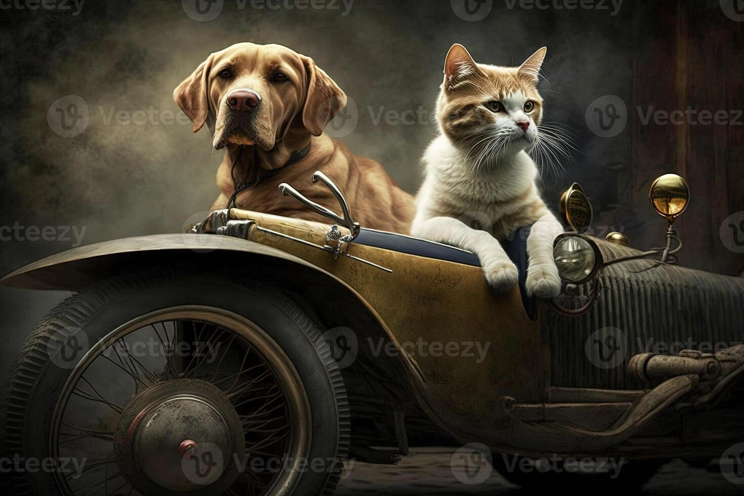 perro y gato en antiguo coche sidecar ilustración generativo ai foto