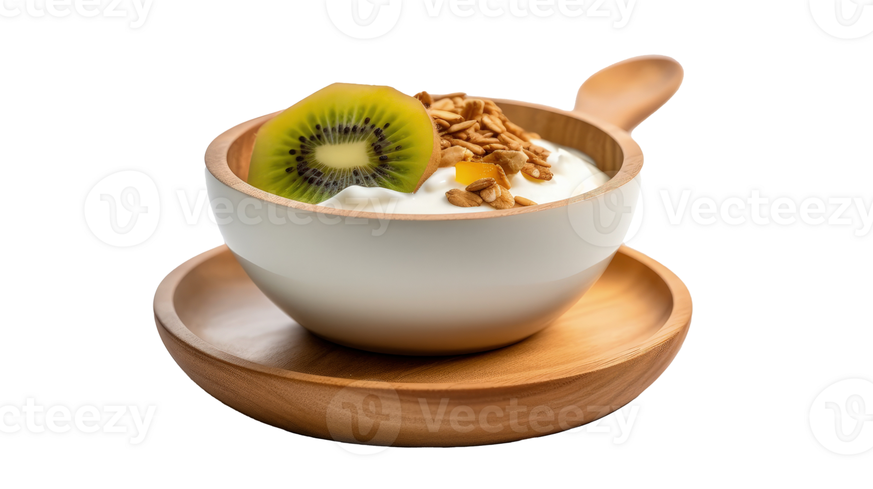 Mango yogurt with granola and kiwi in wooden bowl Illustration png