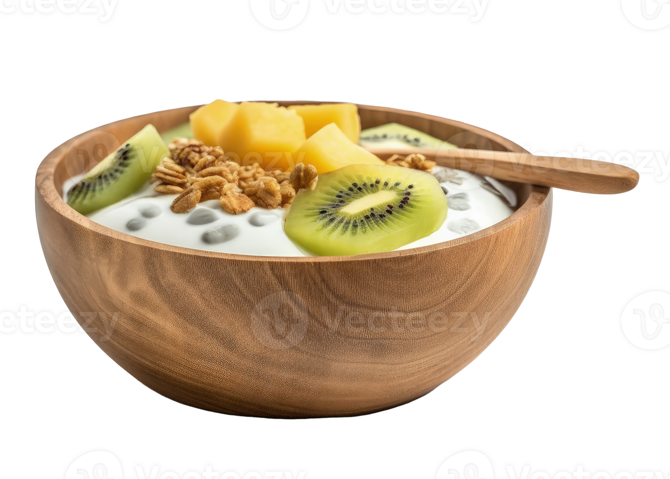 Mango yogurt with granola and kiwi in wooden bowl Illustration png