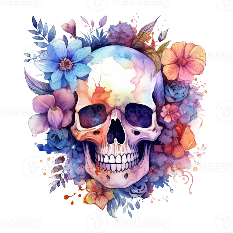 Watercolor skull with flowers. Illustration png