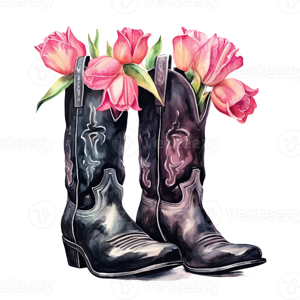 Watercolor cowboy boots with flowers. Illustration png