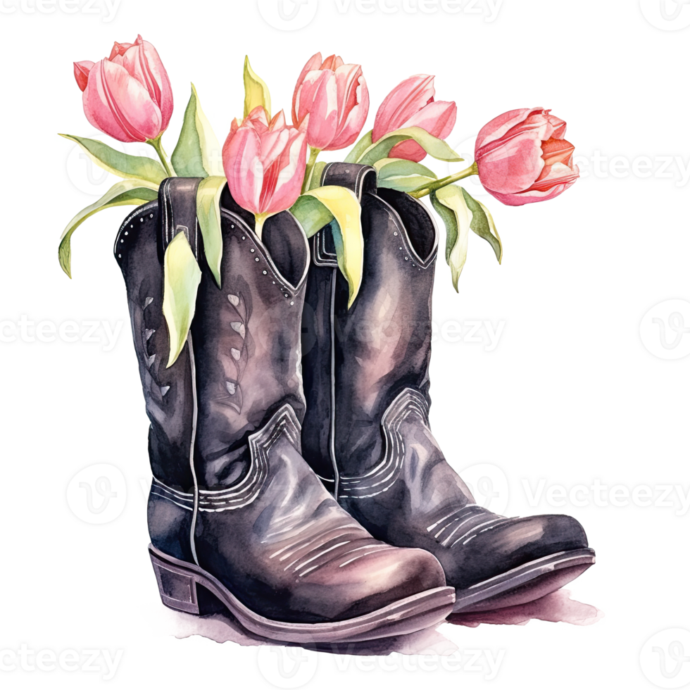 Watercolor cowboy boots with flowers. Illustration png