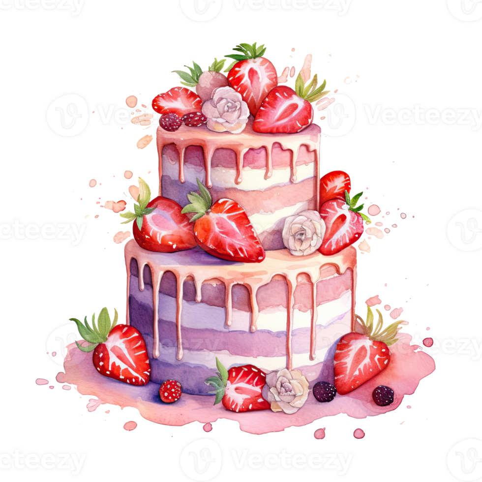 Watercolor strawberry cake. Illustration png