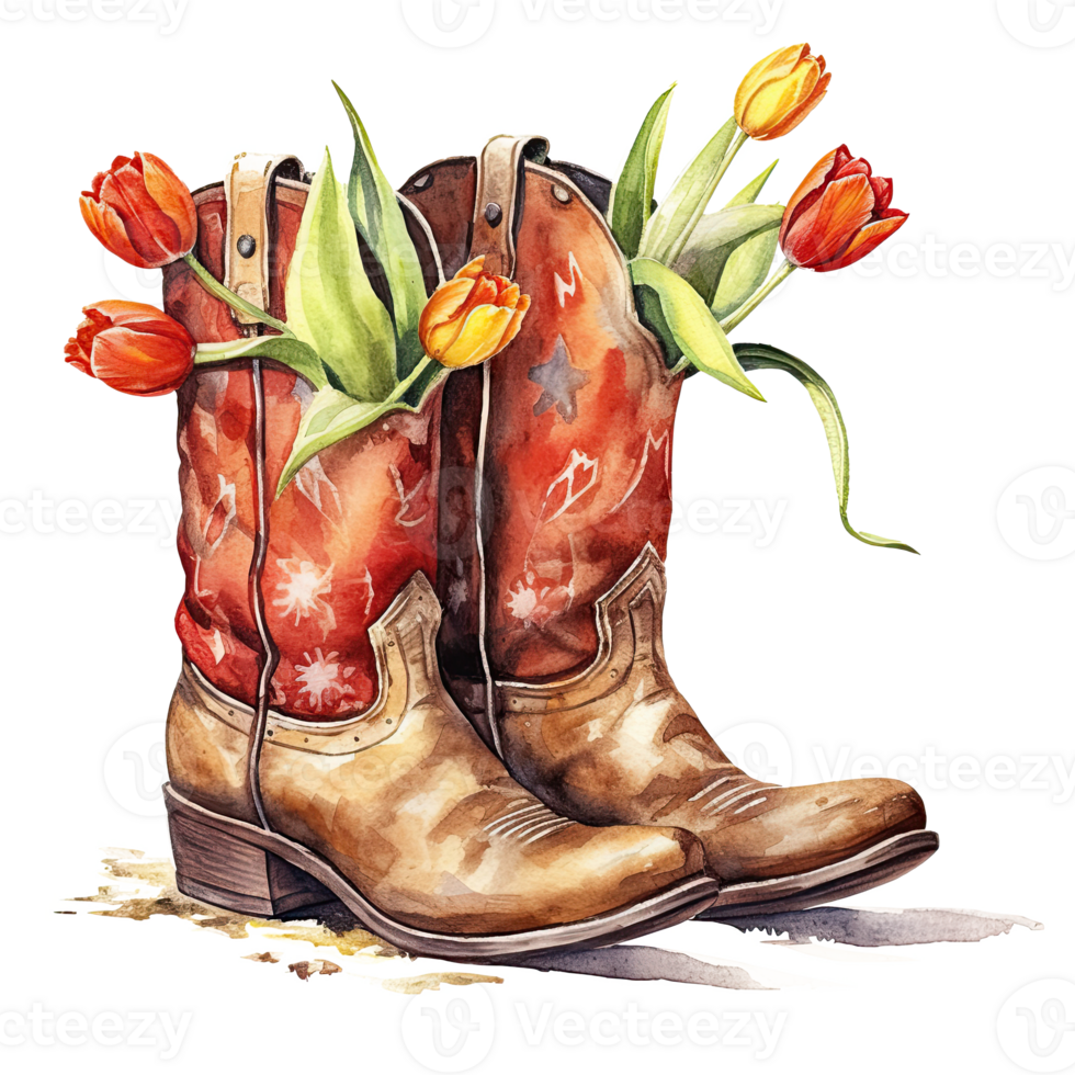 Watercolor cowboy boots with flowers. Illustration png
