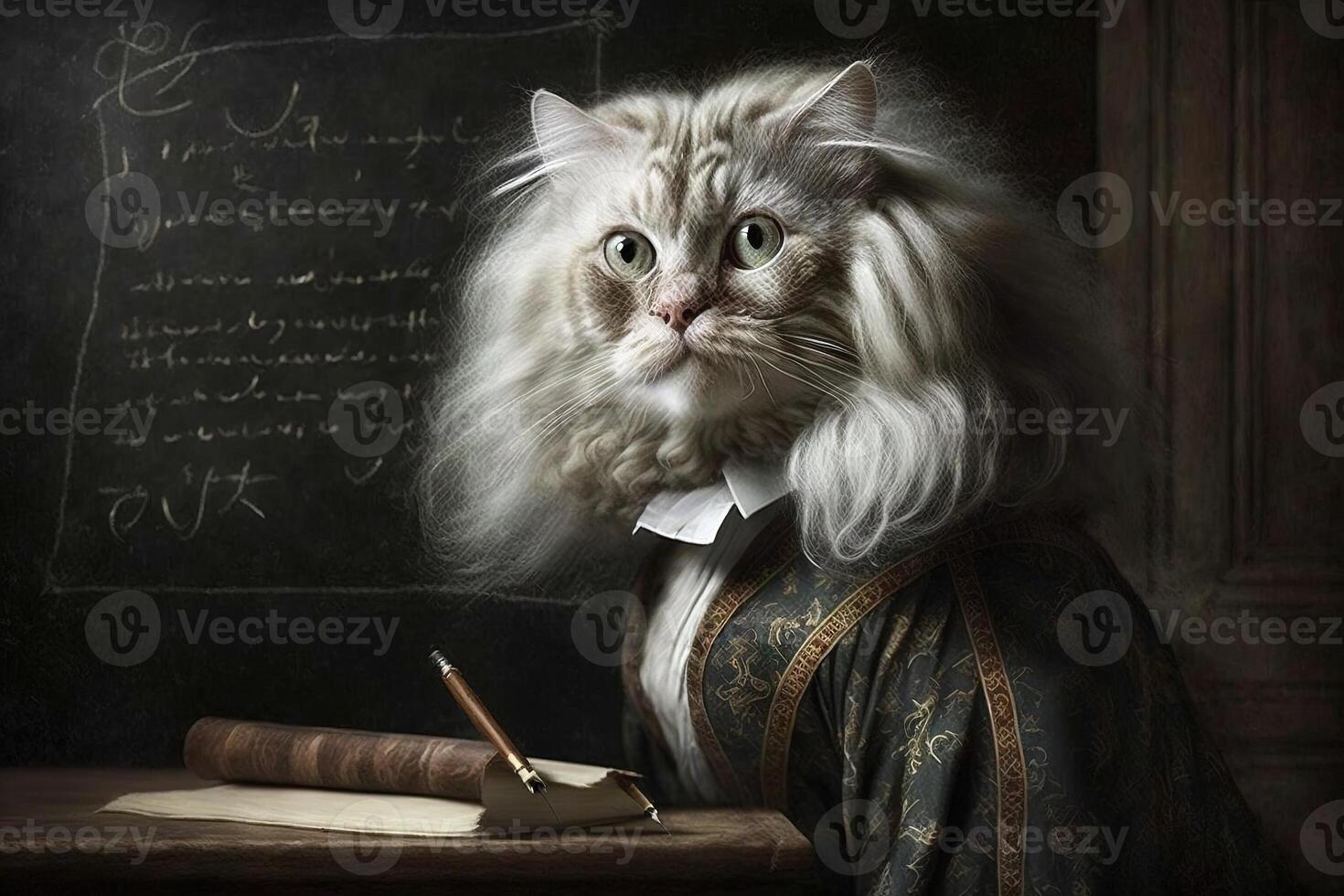 Cat as Isaac Newton famous historical character portrait illustration photo