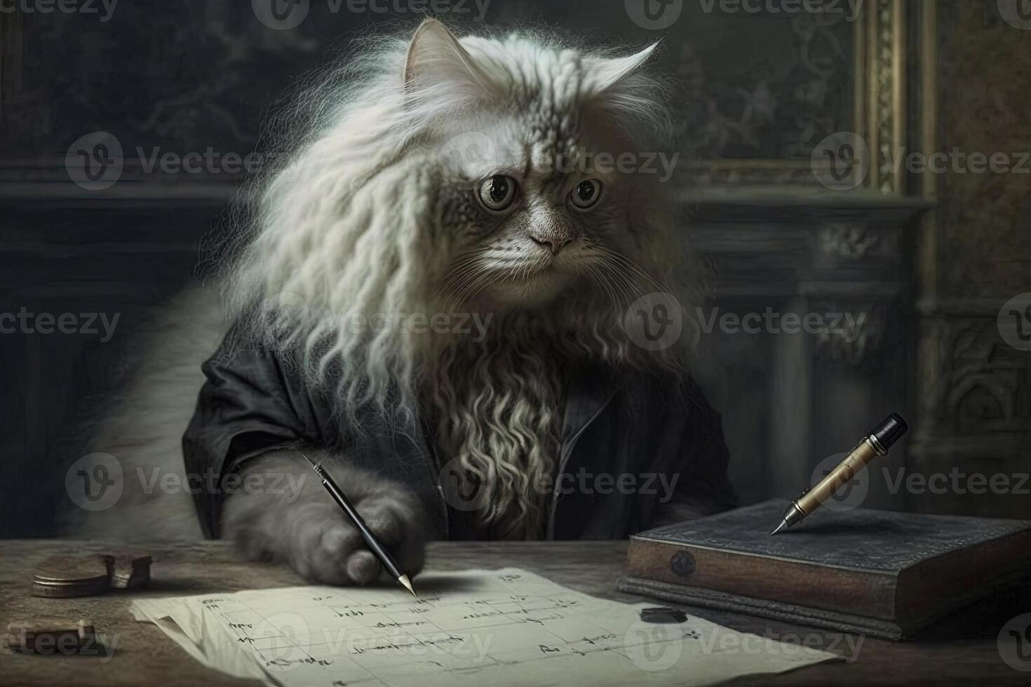 Cat as Isaac Newton famous historical character portrait illustration