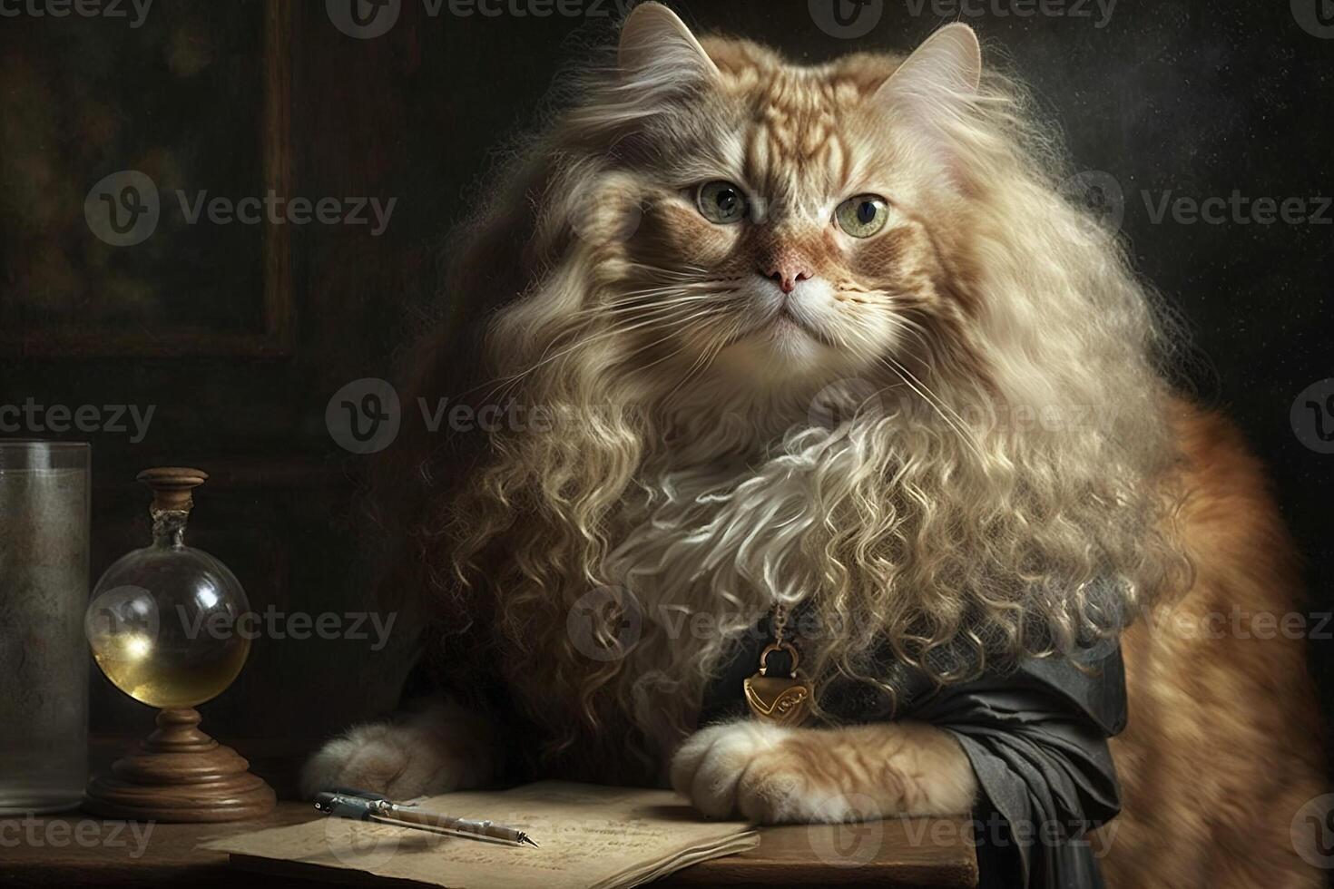 Cat as Isaac Newton famous historical character portrait illustration