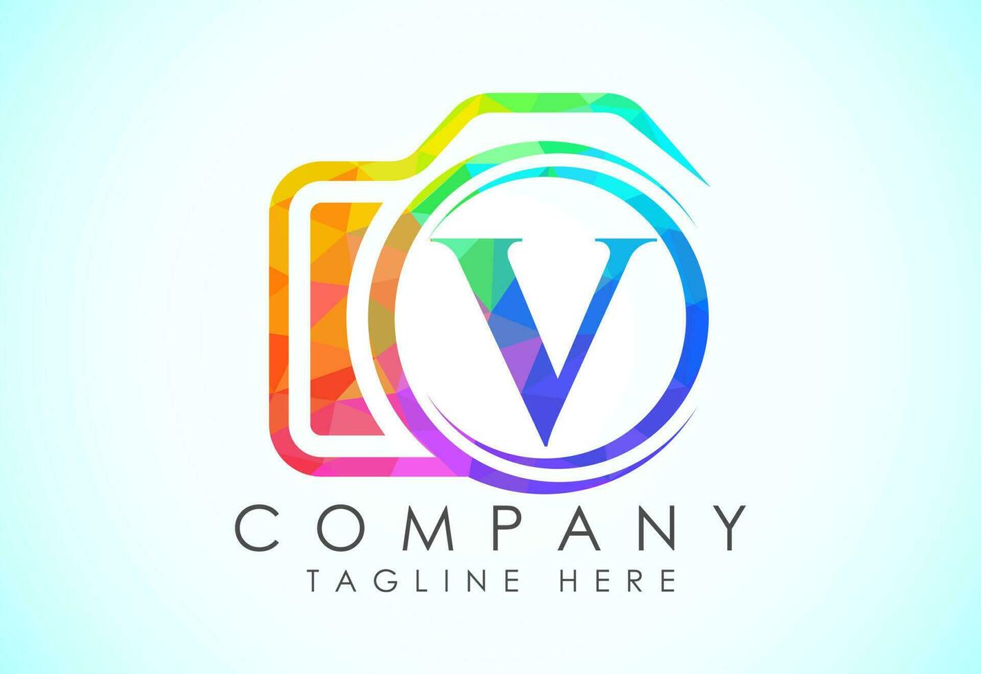 English alphabet V with a camera icon. Low poly style logo for photography business, and company identity vector