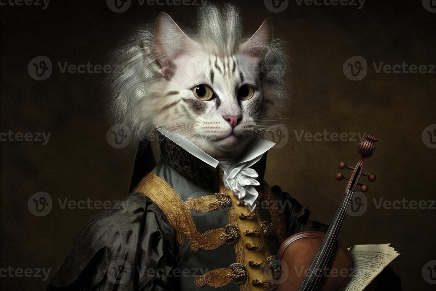 Cat as Wolfgang Amadeus Mozart famous historical character portrait illustration photo