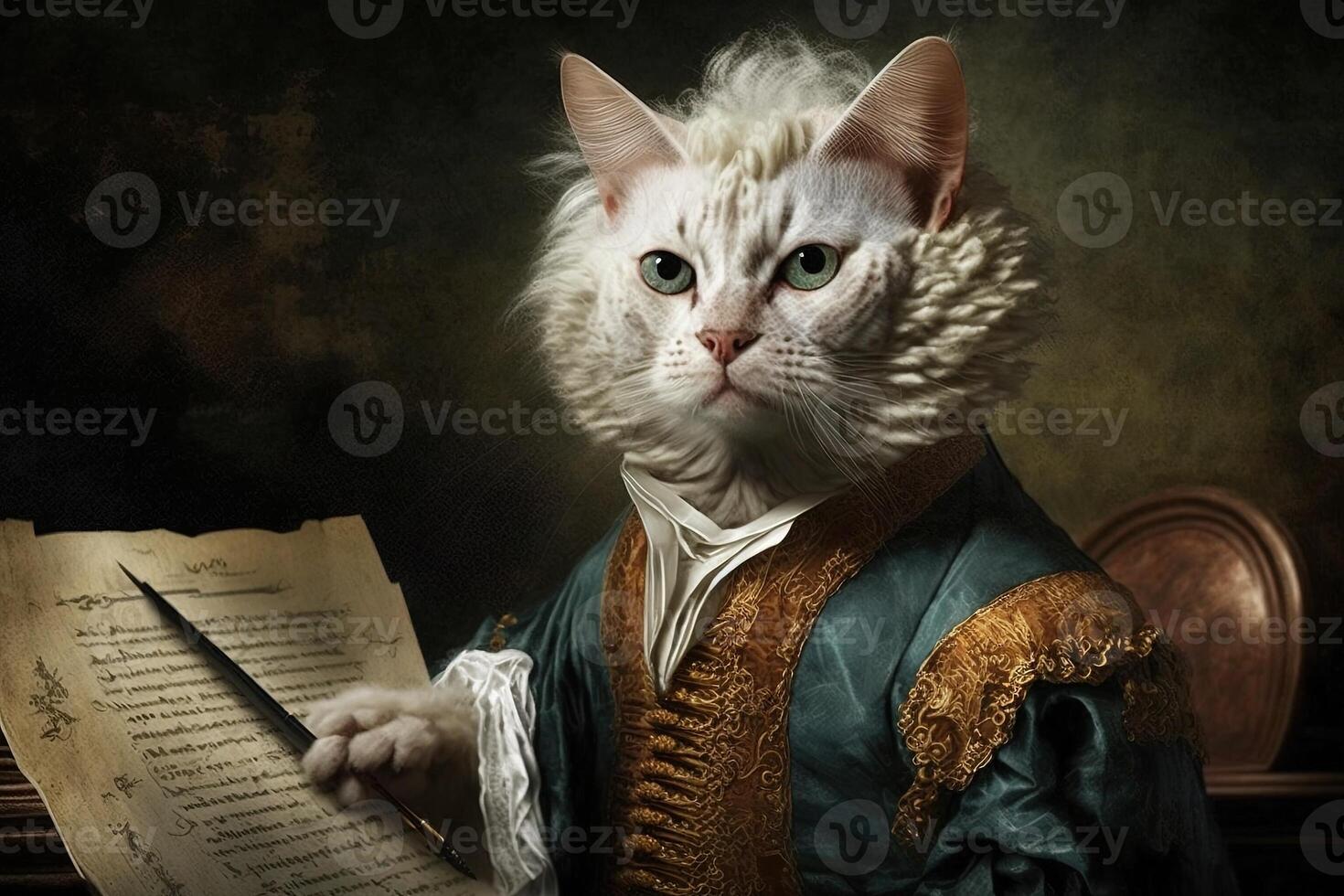 Cat as Wolfgang Amadeus Mozart famous historical character portrait illustration photo