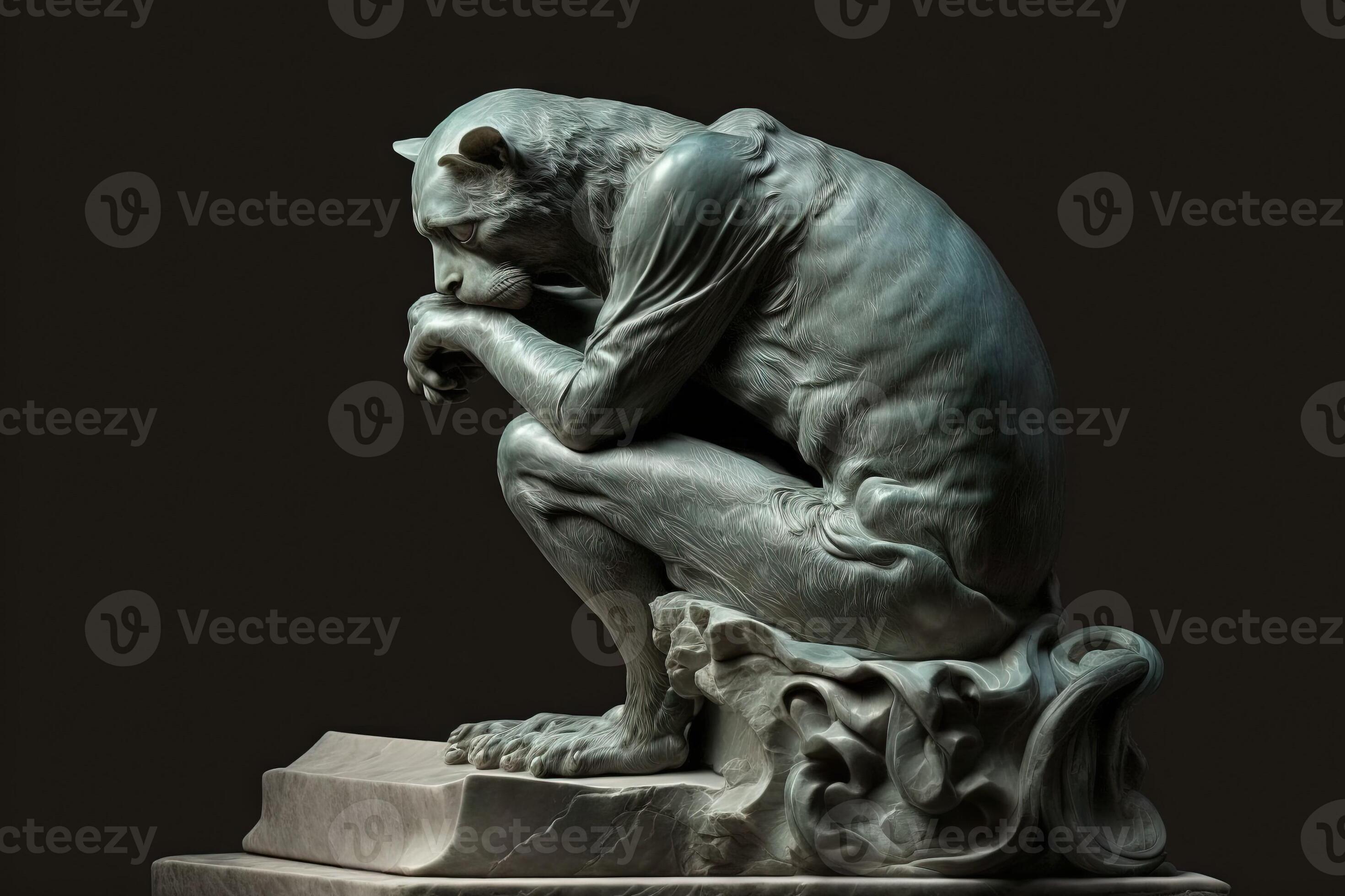 the thinker Statue Cat famous sculpture illustration generative ai