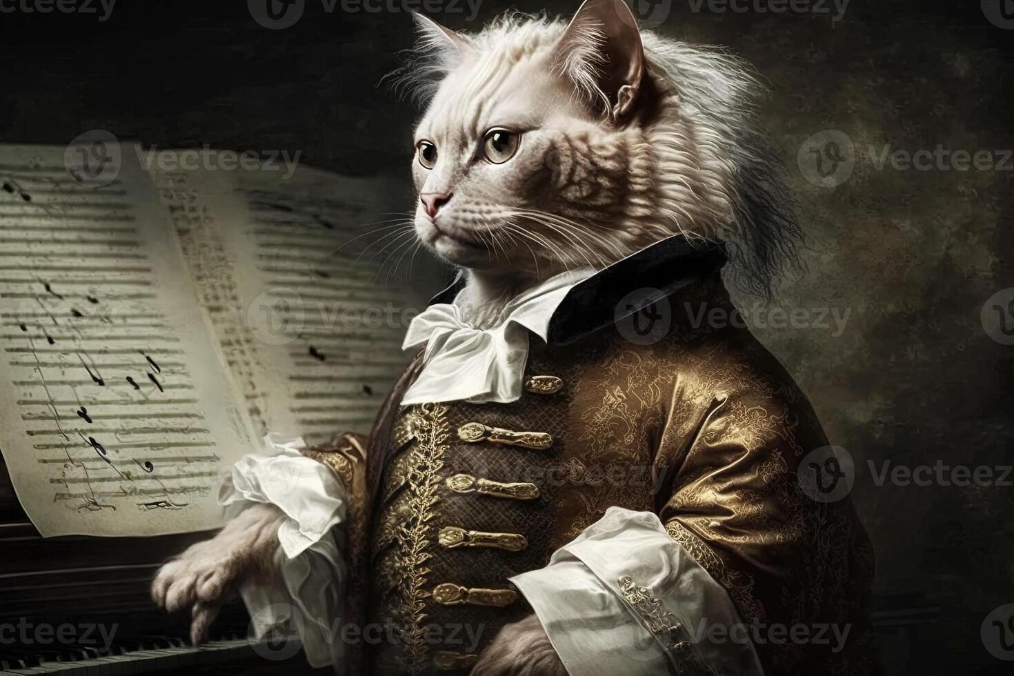 Cat as Wolfgang Amadeus Mozart famous historical character portrait illustration photo