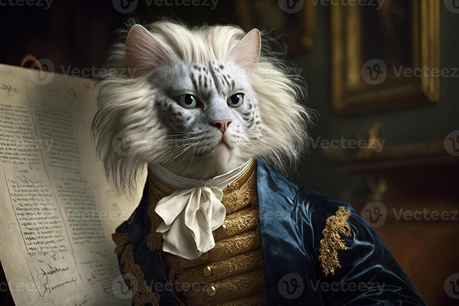 Cat as Wolfgang Amadeus Mozart famous historical character portrait illustration photo