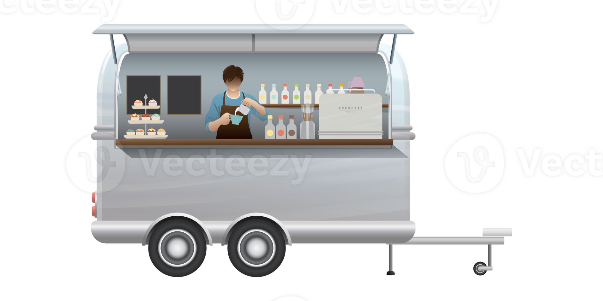 Street cafe van trailer with barista inside isolated illustration. Small business and street food concept. png