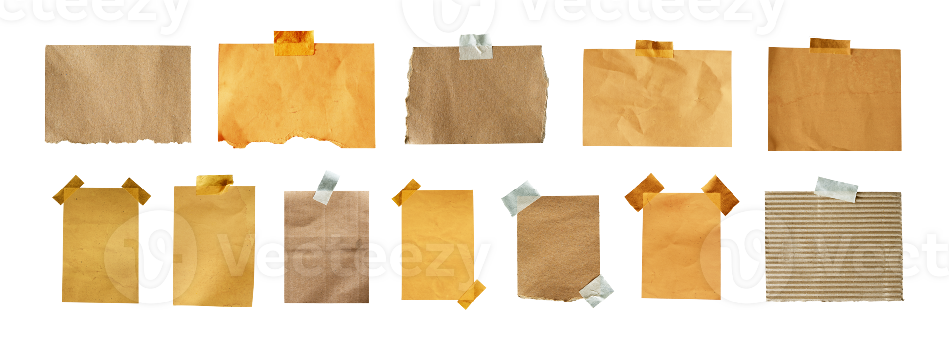 Set of vintage note paper with texture. Blank retro paper glued to the board with tape png