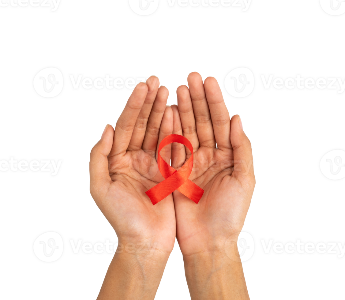 hands holding red ribbon. HIV AIDS awareness symbol png