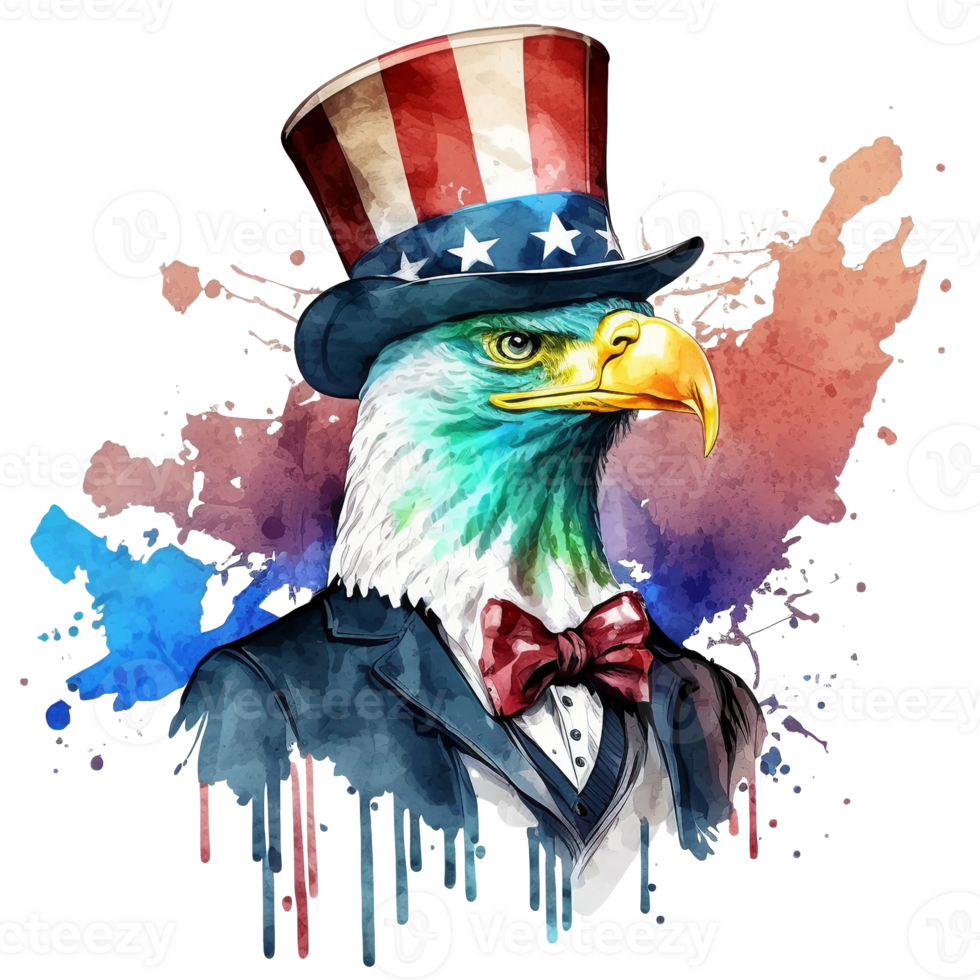 Watercolor patriotic bald american eagle with hat, 4th of July element, png