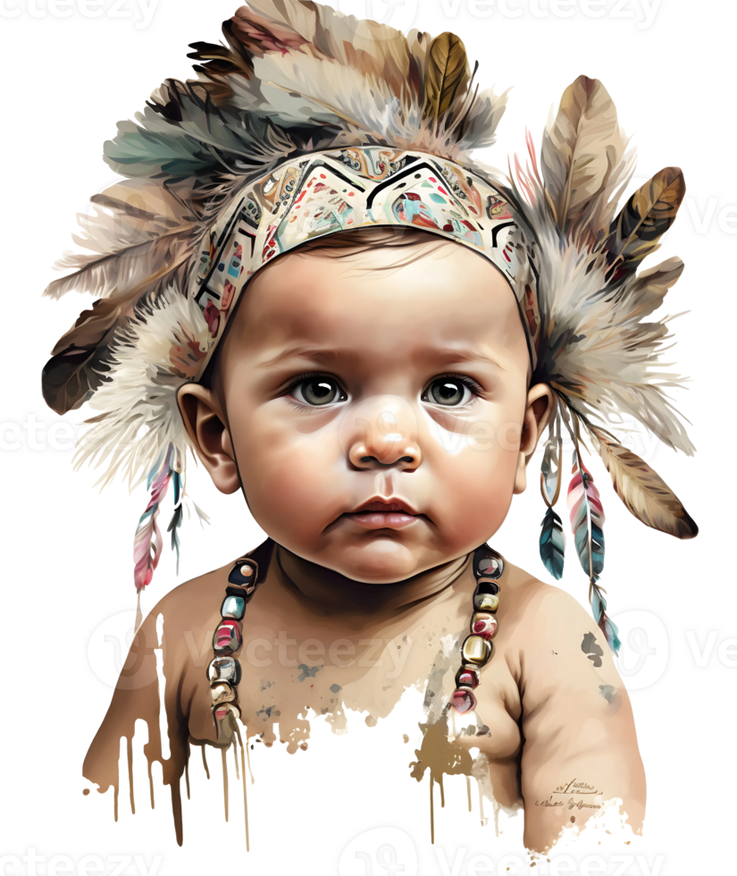 Native american kid with feather crown watercolor, png