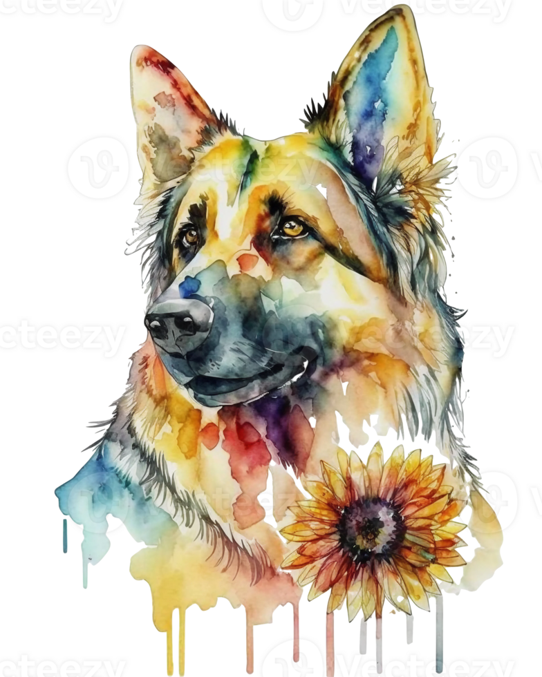 German shepherd dog with sunflower watercolor illustration, png