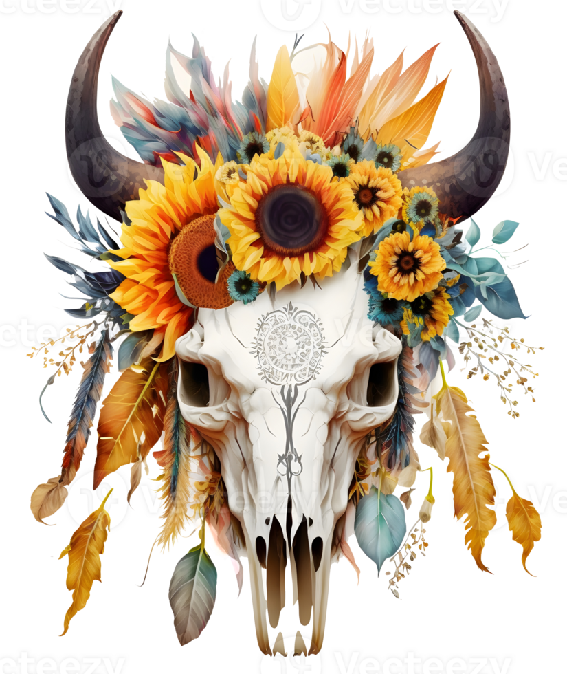 Bull skull with flowers, boho and gothic style, isolated png