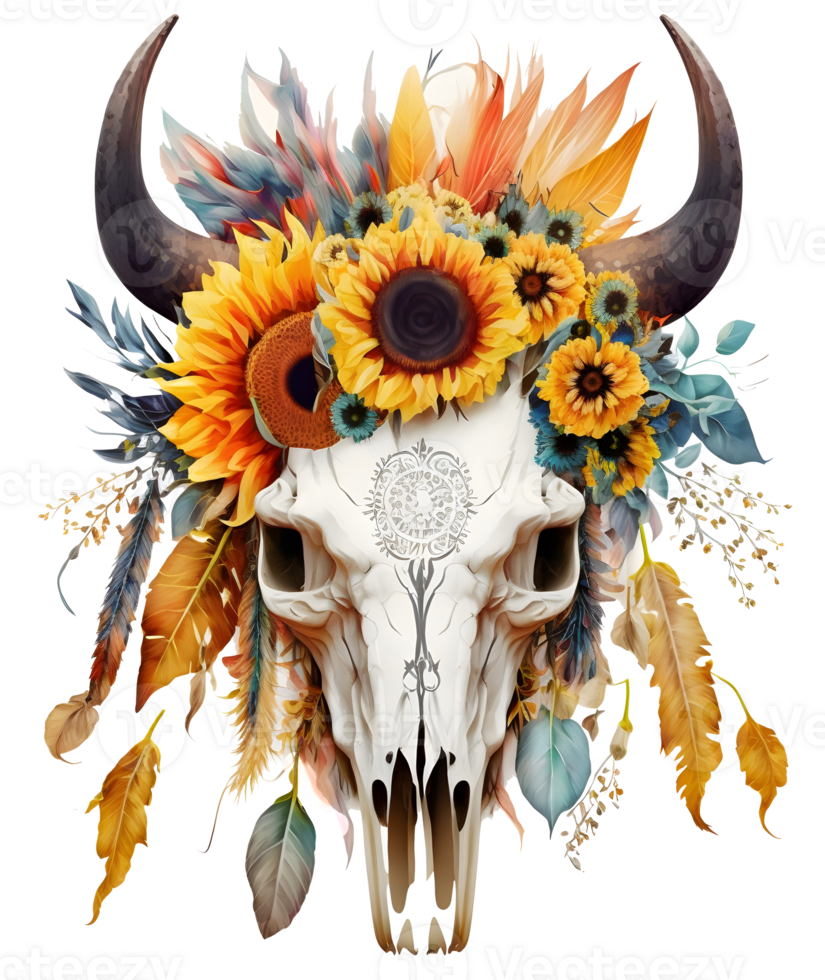 Toro cranio con fiori, boho e Gotico stile, isolato ai generativo png