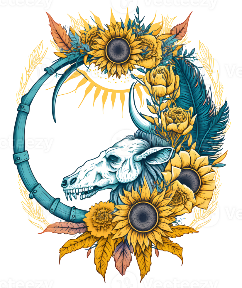 touro crânio com flores, boho e gótico estilo, isolado ai generativo png