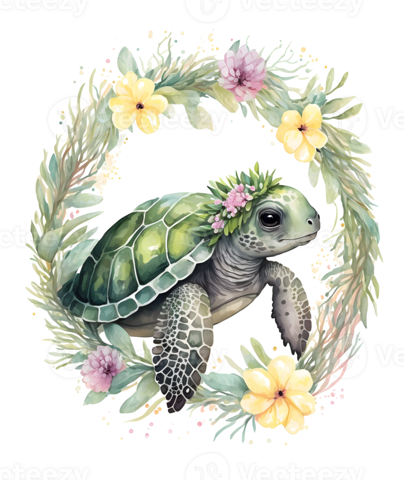Sea turtle with flower watercolor, png