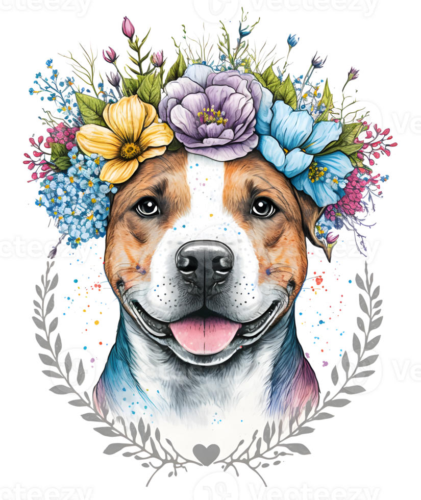 puppy with flowers, dog head with flowers, isolated, png