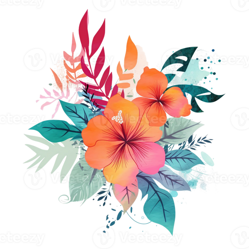 Retro tropical flower and leaves, png