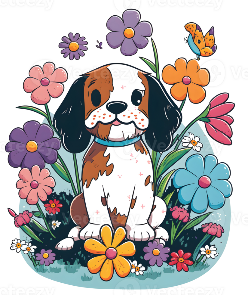 puppy with flowers, dog head with flowers, isolated, png