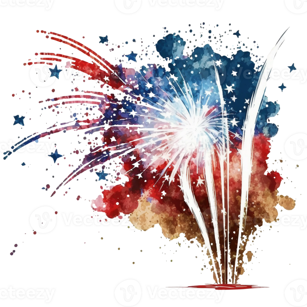 Watercolor fire crack, fire burst in the sky, 4th of July element, png