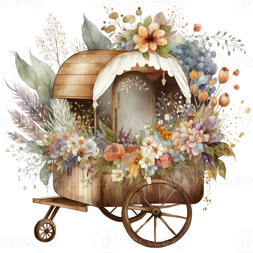 vintage carriage with flowers, wheelbarrow with flowers, isolated,, png