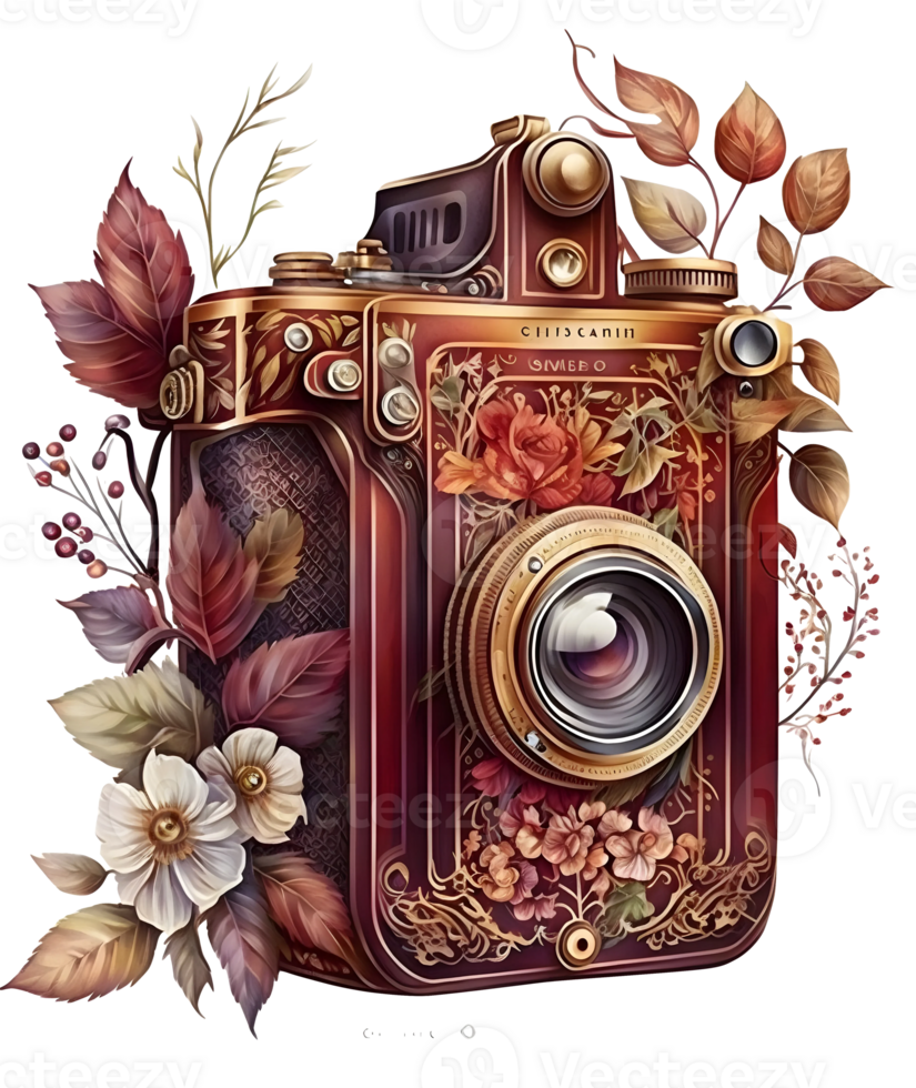 vintage old polaroid camera with watercolor floral leaves and flowers, png