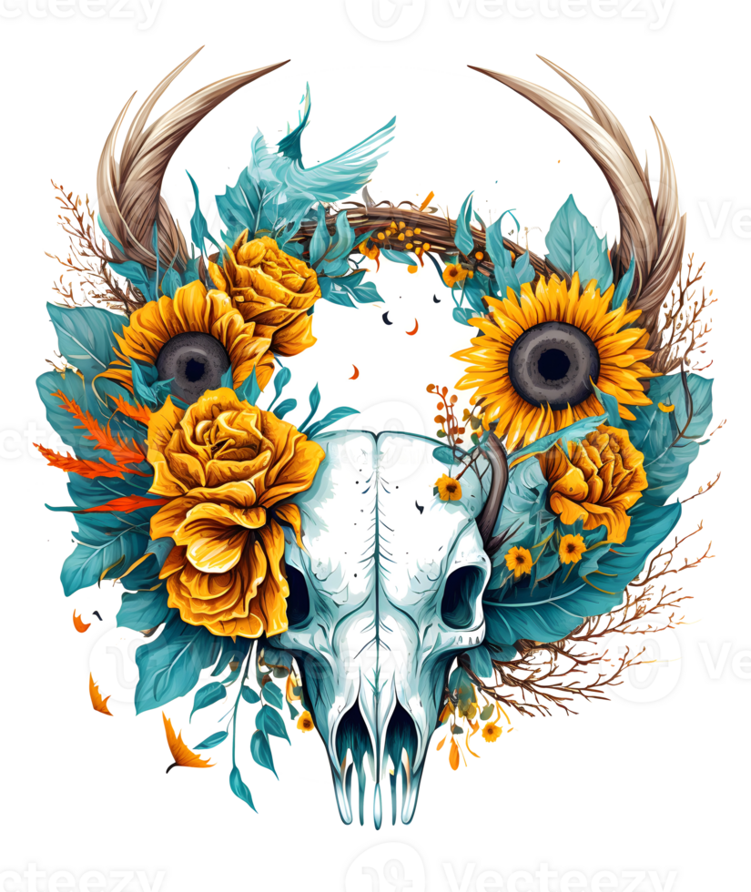 Bull skull with flowers, boho and gothic style, isolated png