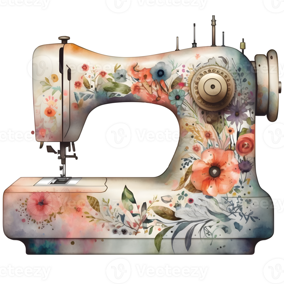 Clásico de coser máquina floral acuarela gráfico, ai generativo png