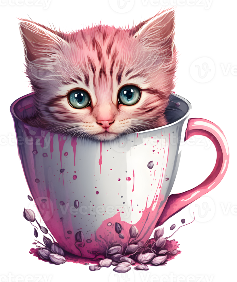 cute cat in a cup showing only the face with adorable look, watercolor, png