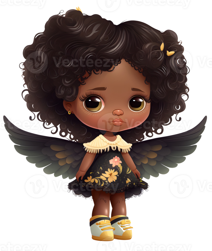 Black african little cute fairy girl, isolated, png