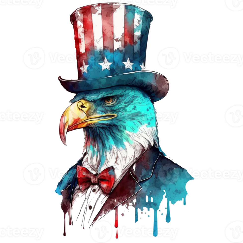 Watercolor patriotic bald american eagle with hat, 4th of July element, png