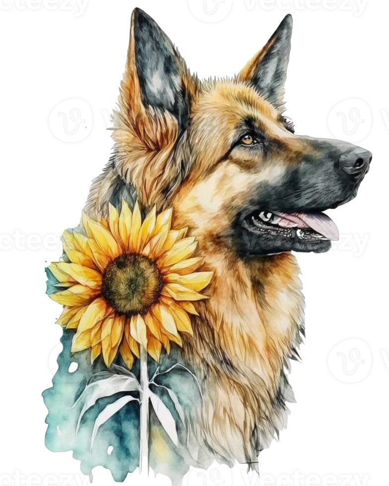 German shepherd dog with sunflower watercolor illustration, png