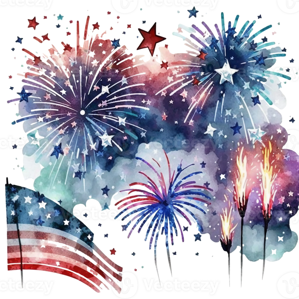 Watercolor fire crack, fire burst in the sky, 4th of July element, png