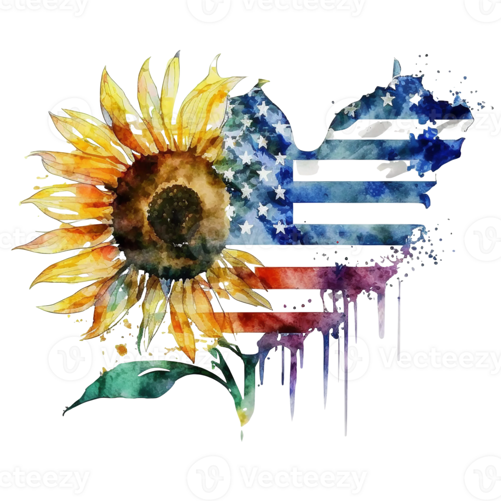 watercolor sunflower with american flag, 4th of july, png