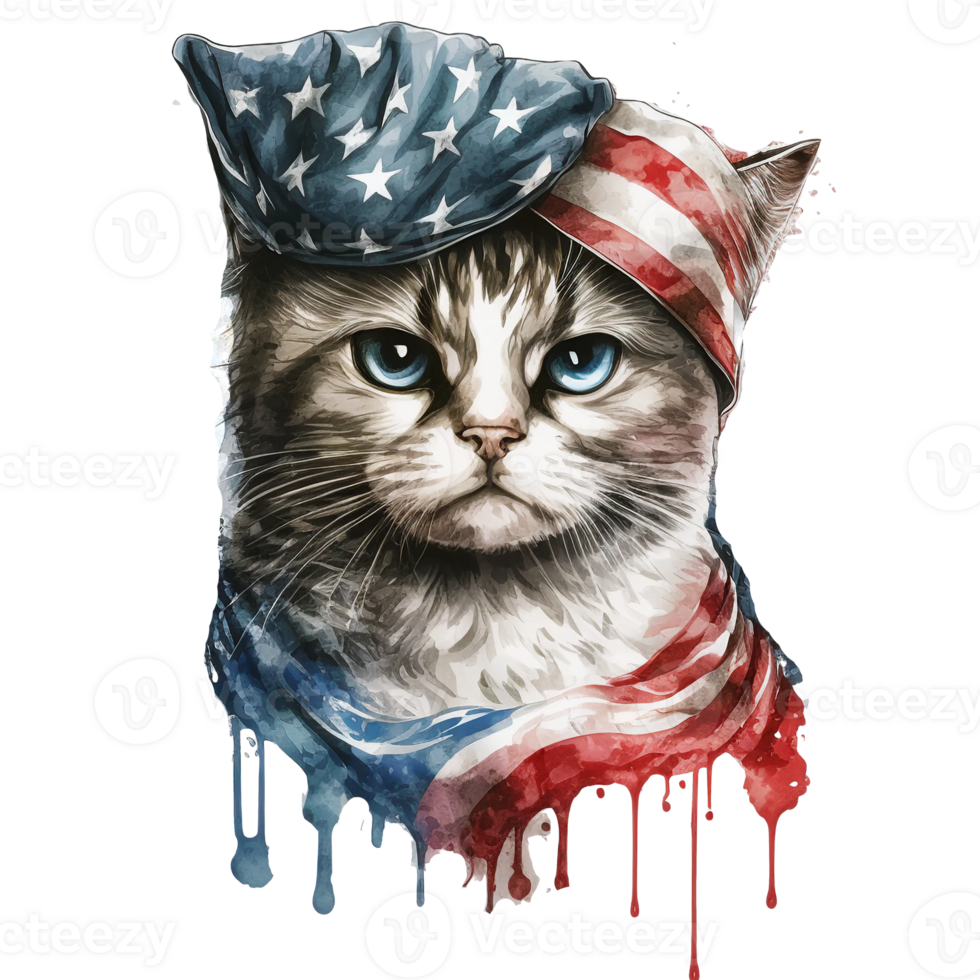 Watercolor Cat with USA flag, 4th of July element, png