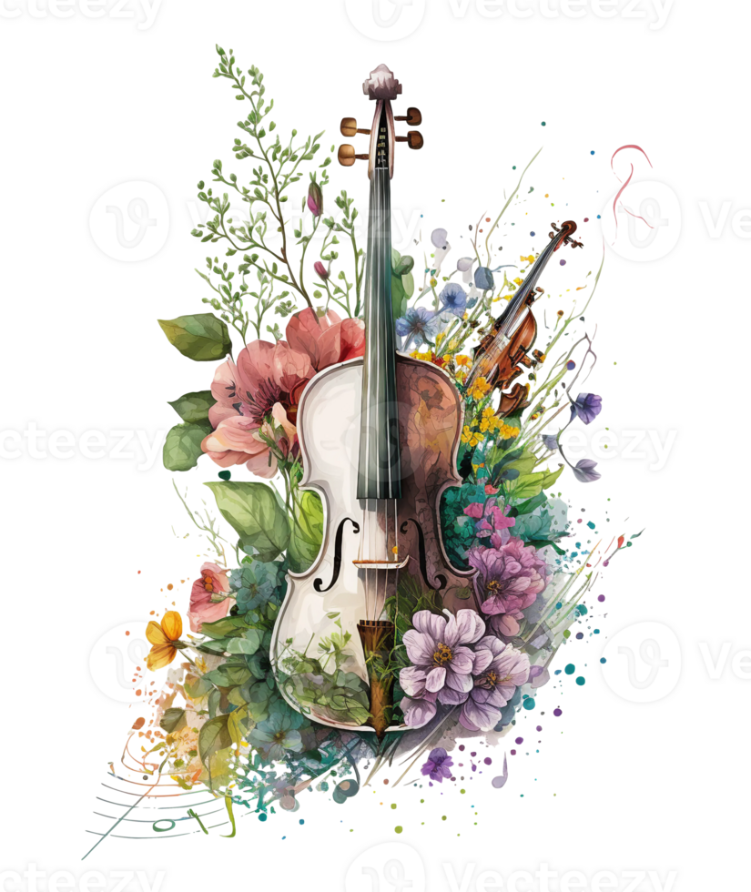 Violin covered with colorful flowers. watercolor graphics, png