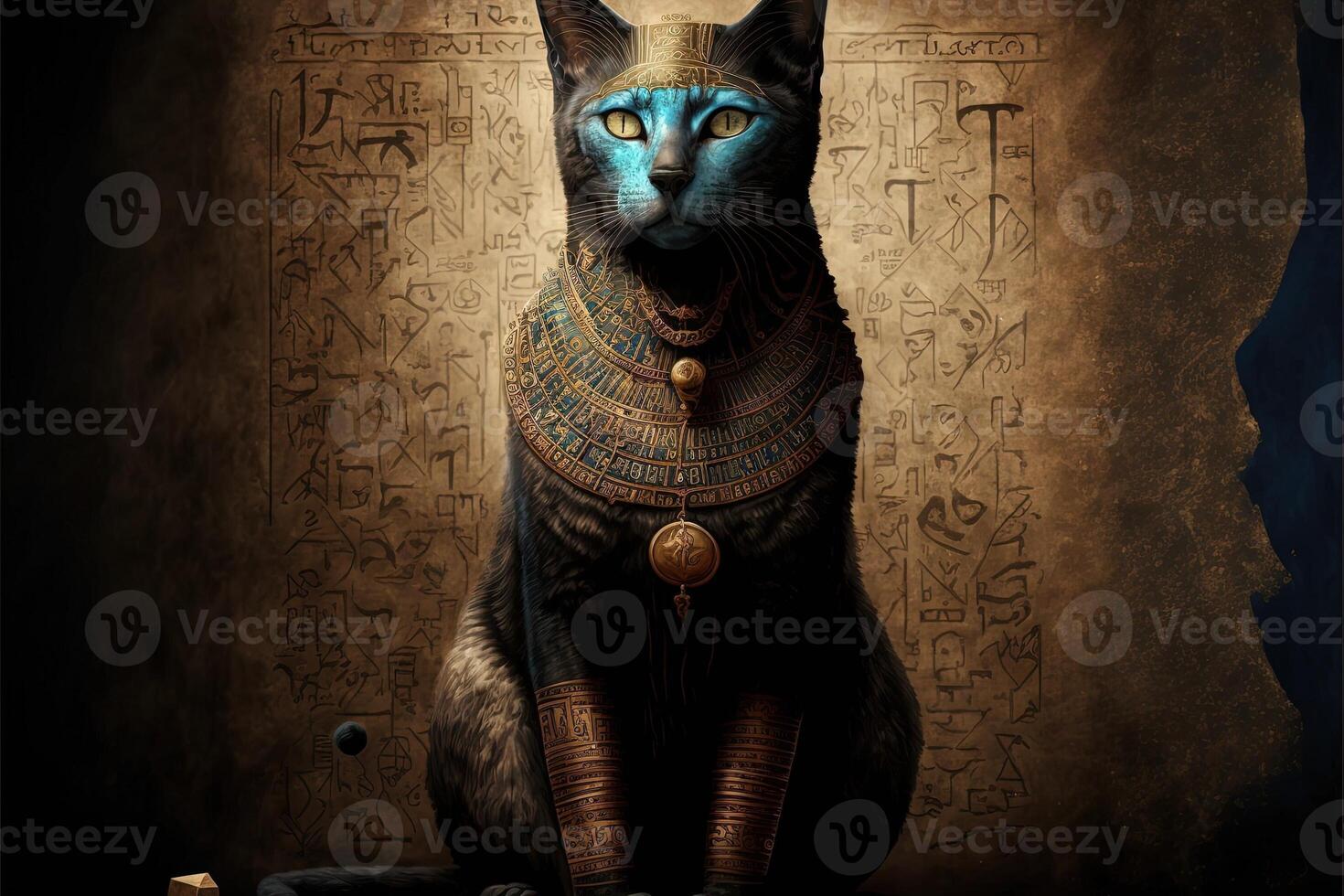 cat as egyptian pharaoh hieroglyphs on background illustration photo