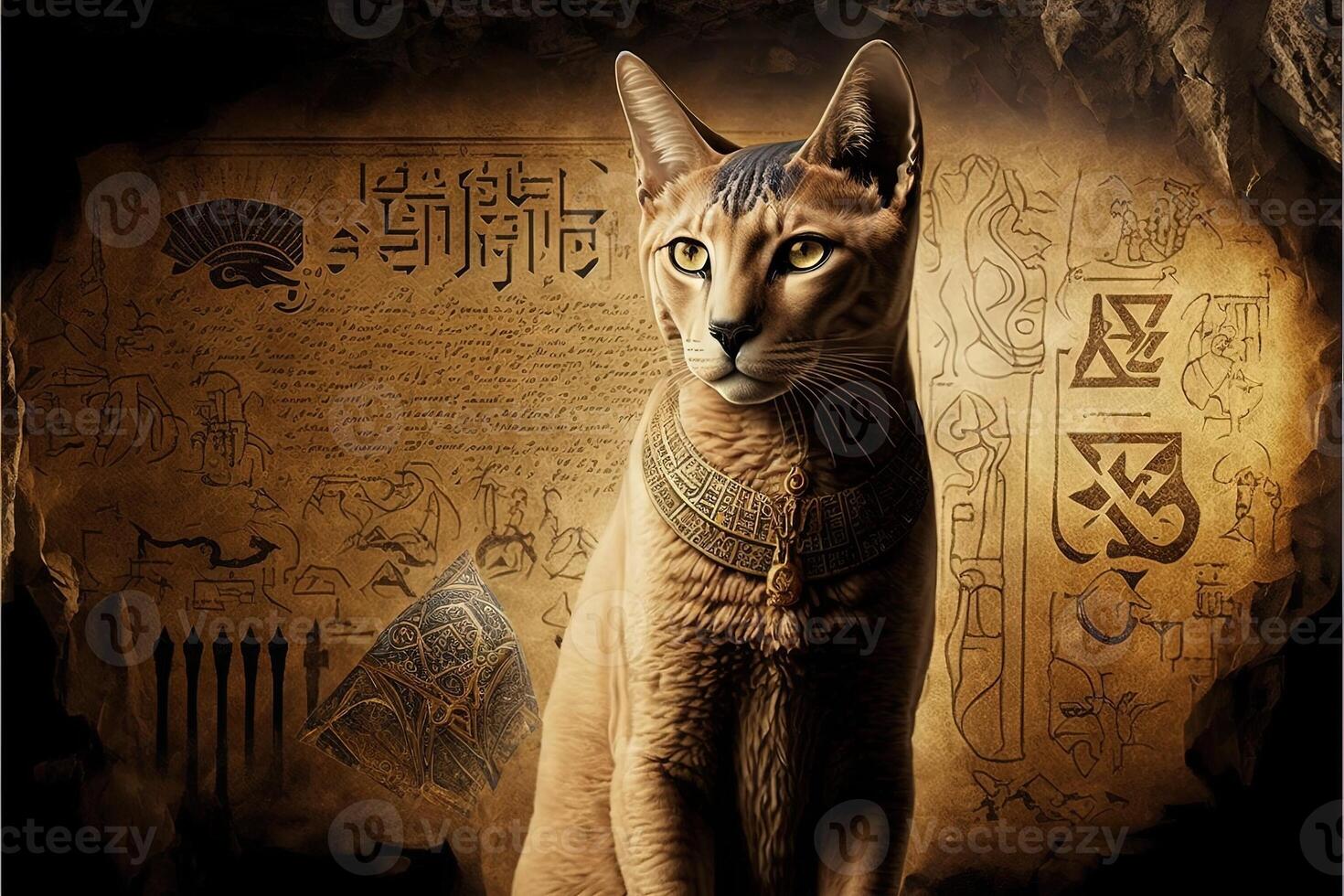 cat as egyptian pharaoh hieroglyphs on background illustration photo