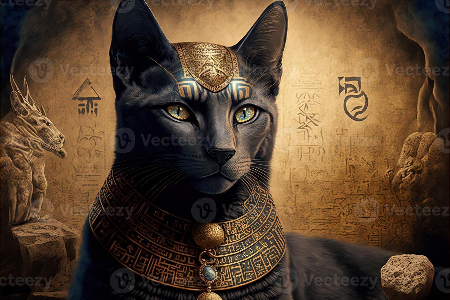 cat as egyptian pharaoh hieroglyphs on background illustration photo