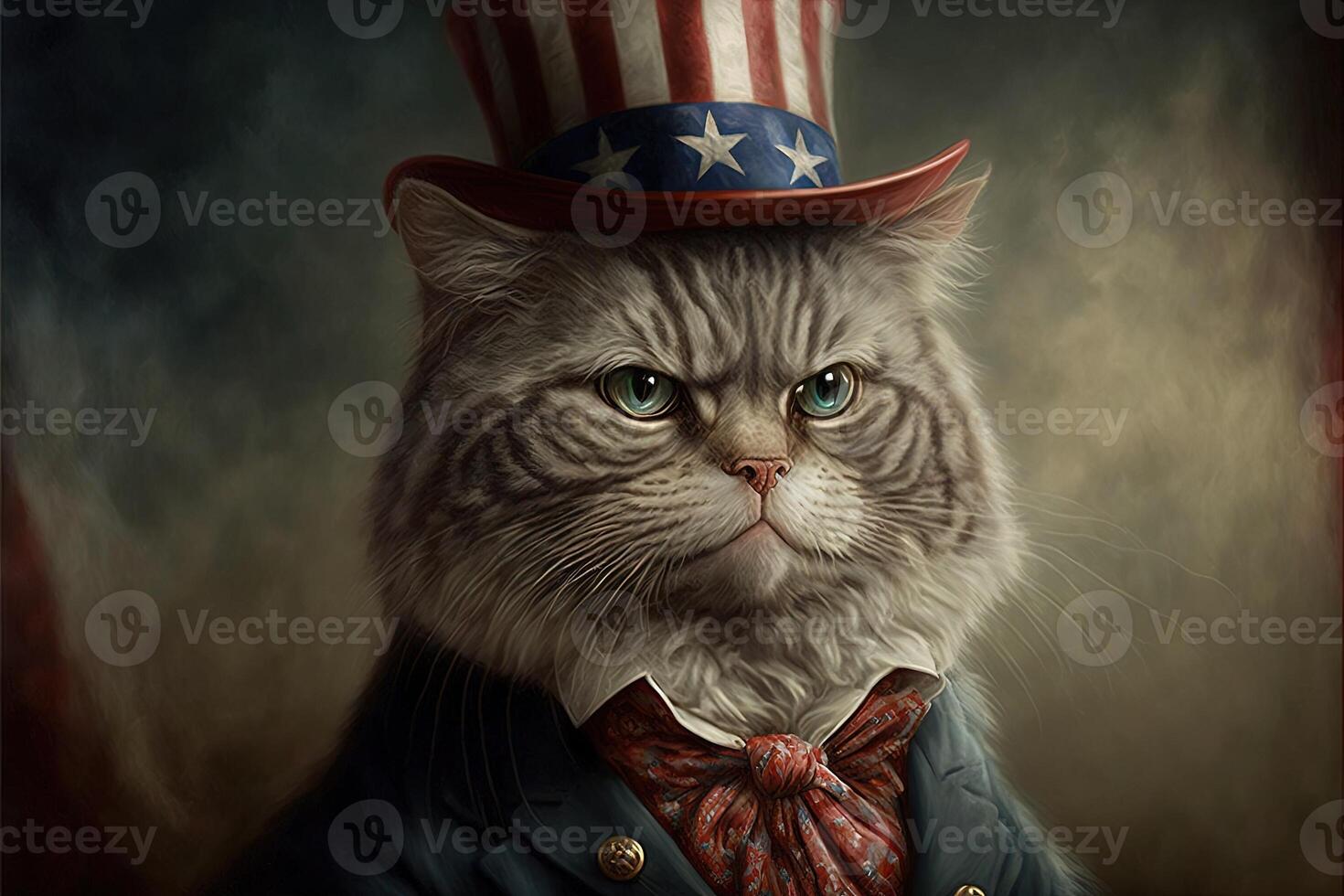 patriótico americano gato con Estados Unidos estrella y rayas bandera colores ilustración generativo ai foto