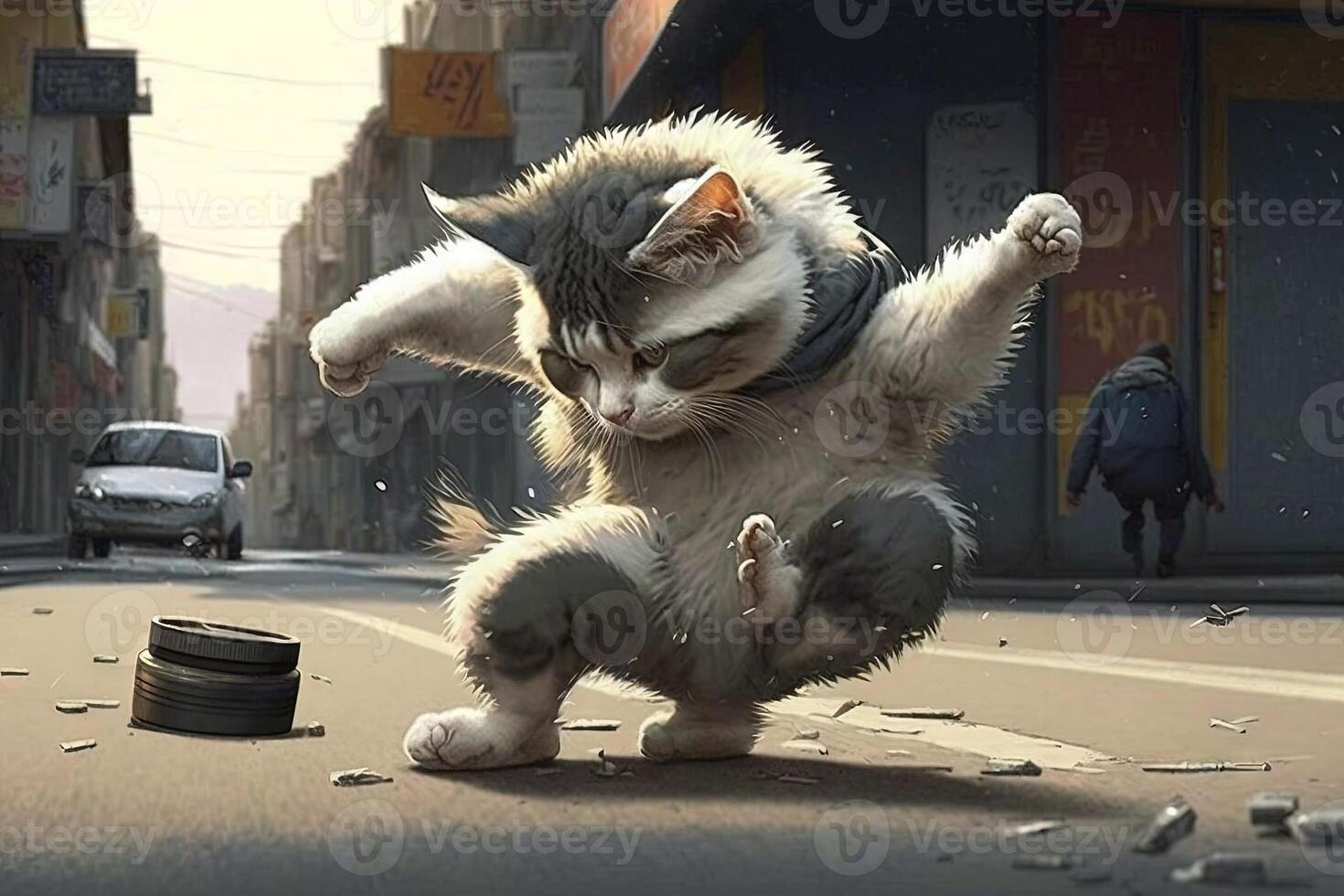 Cat brakedancing brakedance in the city street illustration photo